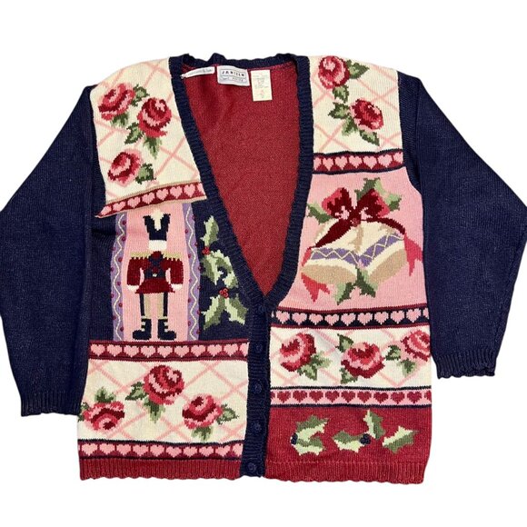 Embroidered by Hand Vintage Christmas Cardigan Grandma Pink Oversized Large - Picture 1 of 13